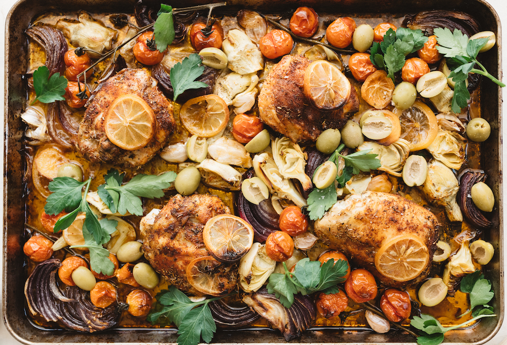 lemony sheet pan chicken with artichokes_too tired to cook recipes