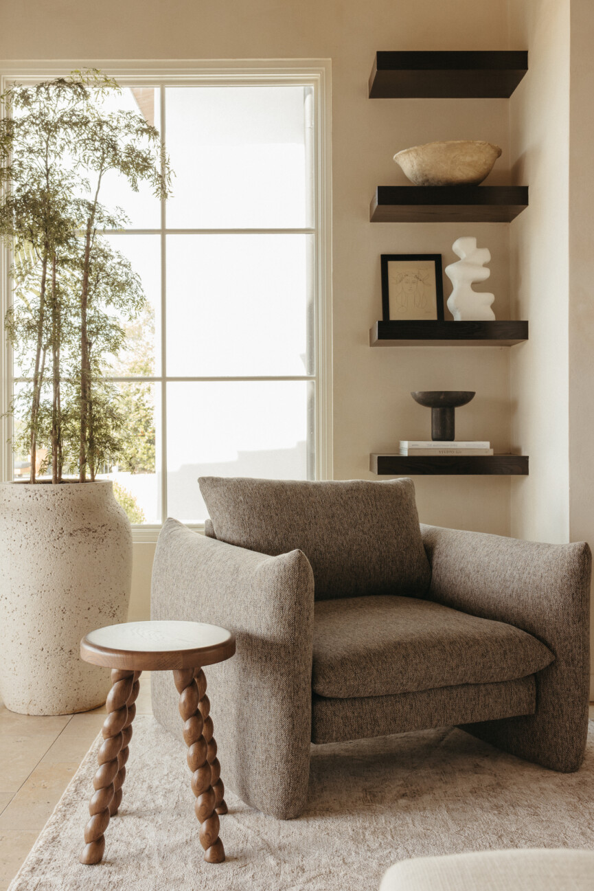 Camille Styles Living Room Austin House - japandi lounge chair plant