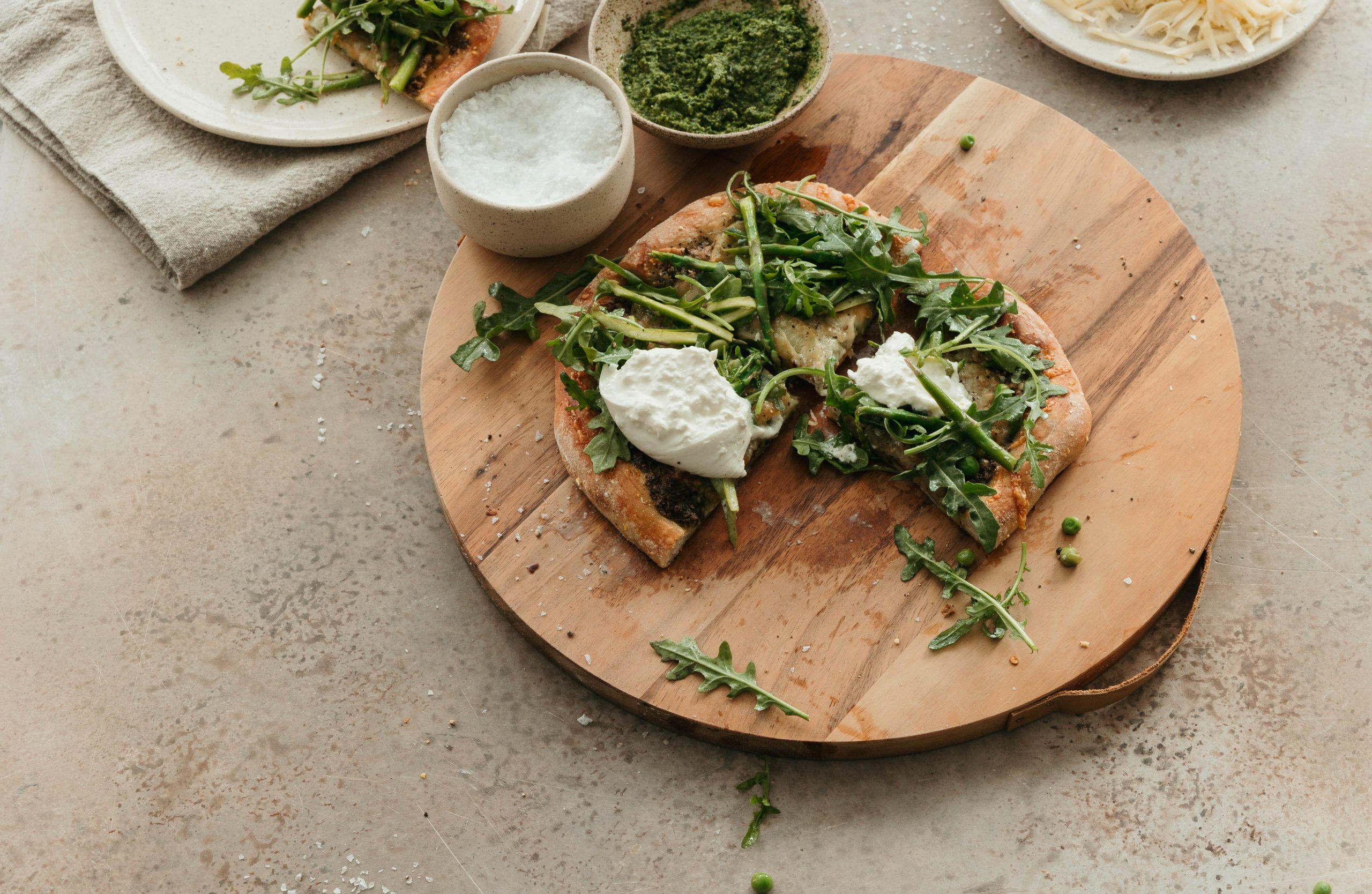 spring potato pizza with asparagus and burrata